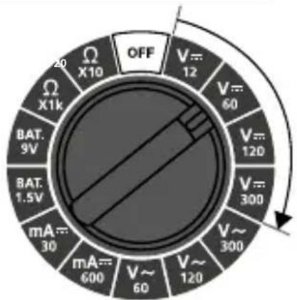 OFF V=12 V=60 V=120 V=300 V~300 mA=30 mA=600 V~60 V~120 BAT. 9V BAT. 1.5V X1k X10 20 Ω Ω OFF