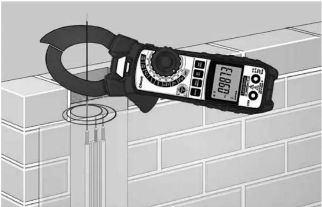 Illustration of a digital clamp meter displaying a reading of 09873 on a brick wall, with control buttons and display.