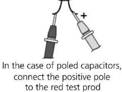 In the case of poled capacitors, connect the positive pole to the red test prod