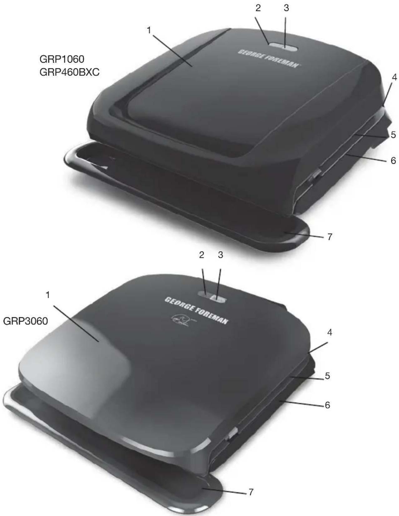 GRP1060 GRP460BXC 1 2 3 4 5 6 7 2 3 1 GRP3060 GEORGE FOREMAN 4 5 6 7