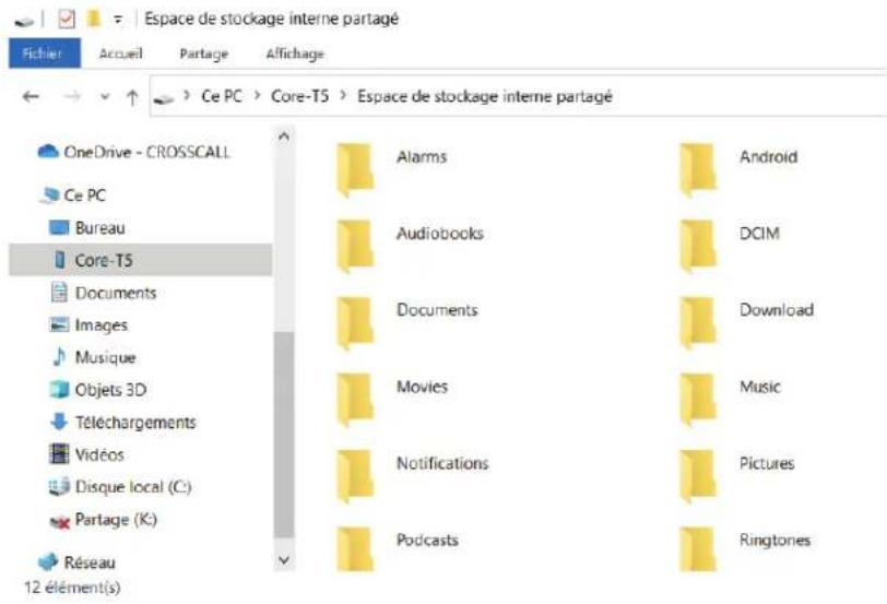 Espace de stockage interne partagé Fichier Accueil Partage Affichage Ce PC > Core-T5 > Espace de stockage interne partagé OneDrive - CROSSCALL Ce PC Bureau Core-T5 Documents Images Musique Objets 3D Téléchargements Vidéos Disque local (C:) Partage (K:) Réseau 12 élément(s) Alarms Android Audiobooks DCIM Documents Download Movies Music Notifications Pictures Podcasts Ringtones