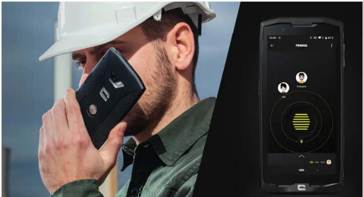 Street photo showing a worker using a mobile phone to use a device, alongside a smartphone displaying a travel app interface with French flag and speedometer.