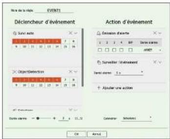 Déclencheur d'événement Action d'événement Sulé auto Suratier l'élévement Objectétection + Ajouler une action Contrôle : - + 2 + 15,20 Cachette : Solution OK About