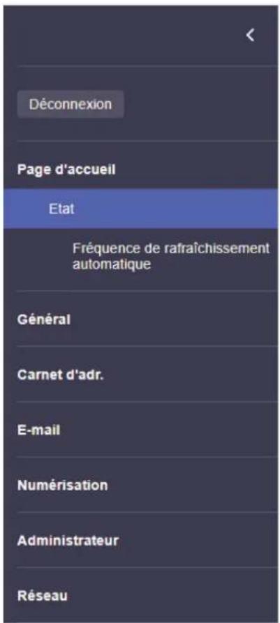 Déconnexion Page d'accueil Etat Fréquence de rafraîchissement automatique Général Carnet d'adr. E-mail Numérisation Administrateur Réseau