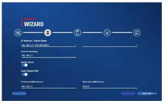 WIZARD IP Address: Subnet Wash 100.66.2.17 233 258-295.3 Network Security 100.66.2.1 DHCP 3Pwt Auto-Domain DNS Preferred DNS Server 100.66.2.1 Alternate DNS Server 16:45 Next Update