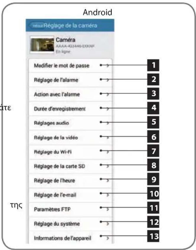 Android maxRéglage de la caméra Caméra AAAA-403446-EXONIF En ligne Modifier le mot de passe Réglage de l'alarme Action avec l'alarme Durée d'enregistrement Réglages audio Réglage de la vidéo Réglage du Wi-Fi Réglage de la carte SD Réglage de l'heure Réglage de l'e-mail Paramètres FTP Réglage du système Informations de l'appareil 1 2 3 4 5 6 7 8 9 10 11 12 13