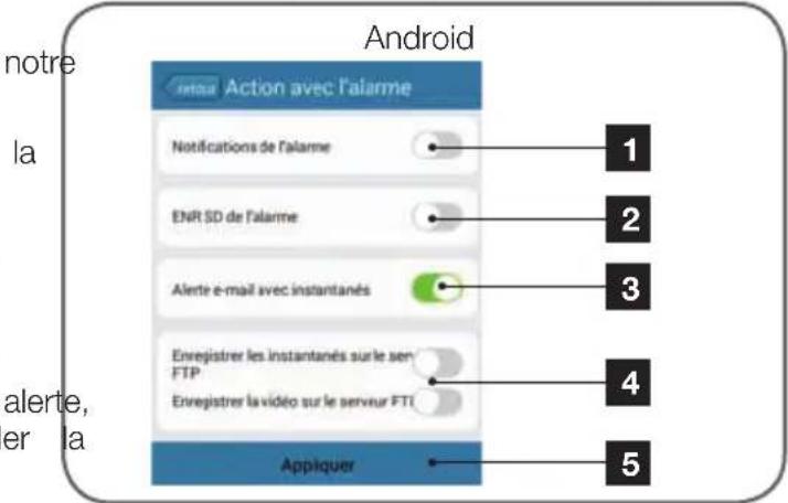 Android notre la alerte, er la intreal Action avec l'alarme Notifications de l'alarme ENR SD de l'alarme Alerte e-mail avec instantanés Enregistrer les instantanés sur le sen FTP Enregistrer la vidéo sur le servur FTI Appliquer 1 2 3 4 5