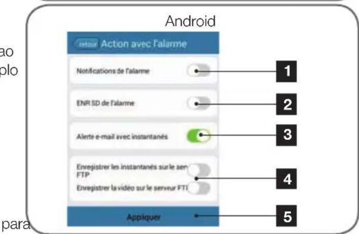 Android retour Action avec l'alarme 1 2 3 4 5 Notifications de l'alarme ENR SD de l'alarme Alerte e-mail avec instantanés Enregistrer les instantanés sur le serve FTP Enregistrer la video sur le serveur FTI Appiquer ao olo para