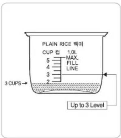 PLAIN RICE 백미 CUP 渥 1.0L 5 MAX. 4 FILL 3 LINE 2 3 CUPS→ Up to 3 Level