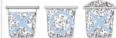 Illustration showing three containers with 'X' and 'O' symbols, likely representing food or beverage items.