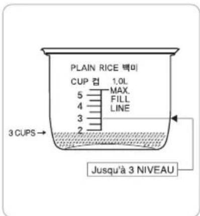 PLAIN RICE 백미 CUP 游 1.0L MAX. FILL LINE 5 4 3 2 3 CUPS → Jusqu'à 3 NIVEAU