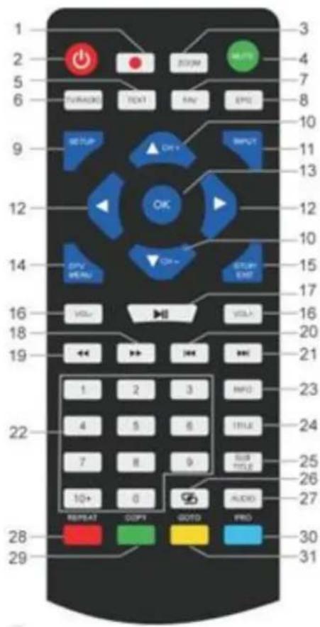 1 2 5 6 TURADO TEXT NAV EPG 9 SETUP ON INPUT 12 OK 14 OPV PENI ON STORE 16 VOLT VOLT 18 19 1 2 3 INFO 22 4 5 6 TITLE 7 8 9 SUB 10+ 0 AUDIO 28 COPY GOTO PRO 29 30 31