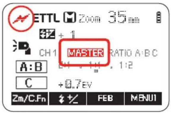 ETTL Zoom 35 mm CH1 MASTER RATIO A:BC A:B 1:4 1:1 1:2 C +0.7 EV Zm/C.Fn +/- FEB MENU1