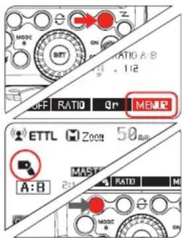 MODE ON RATIO A:B 1:12 OFF RATIO Qtr MENU ETTL Zoom 50 mm MAST A:B 2:12 RATIO M MOSCE ON