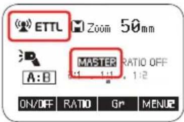 (0) ETTL Zoom 50mm MASTER RATIO OFF A:B 0:1 1:1 1:2 ON/OFF RATIO Gr MENU