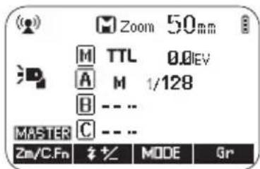 Zoom 50mm M TTL 0.0EV A M 1/128 B --- C --- MASTER Zn/C.Fn # % MODE Gr