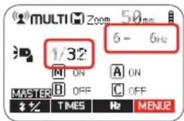 MULTI Zoom 50mm 1/3:2 6 - 6Hz ON A ON MASTER OFF C OFF % TIMES Hz MENU2