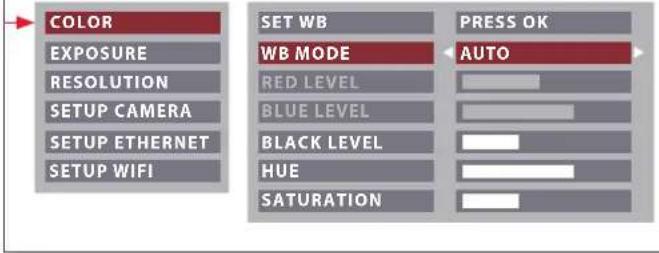 COLOR EXPOSURE RESOLUTION SETUP CAMERA SETUP ETHERNET SETUP WIFI SET WB WB MODE RED LEVEL BLUE LEVEL BLACK LEVEL HUE SATURATION PRESS OK AUTO