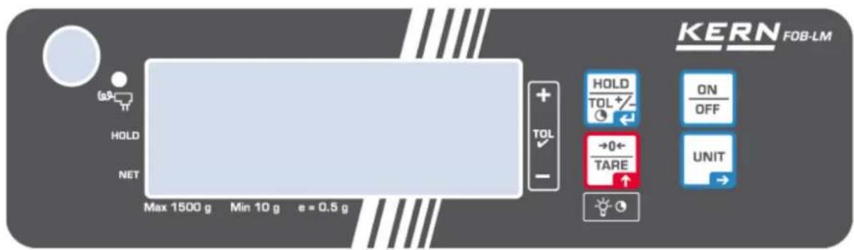 KERN FOB-LM HOLD NET Max 1500 g Min 10 g e = 0.5 g + TOL - HOLD TOL+ ON OFF →0← TARE UNIT →