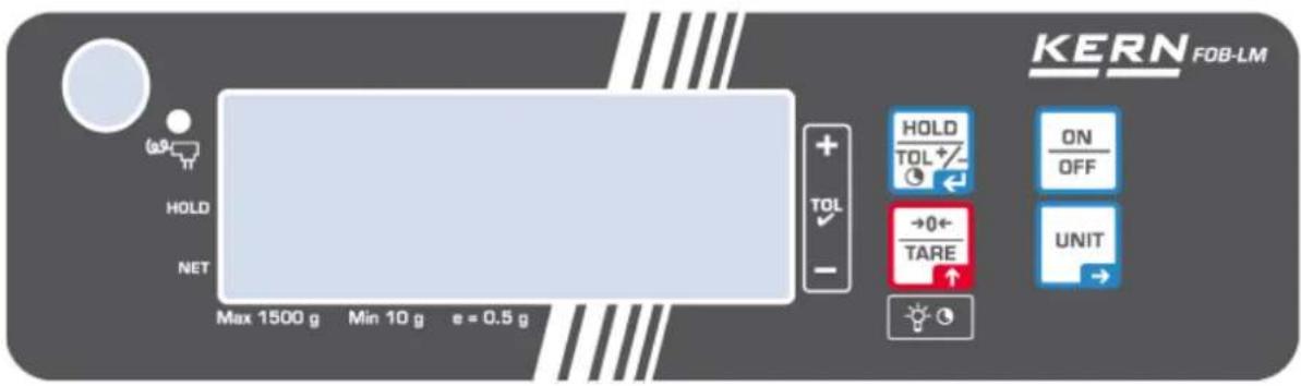 KERN FOB-LM HOLD NET Max 1500 g Min 10 g e = 0.5 g + TOL - HOLD TOL + ON OFF →0← TARE UNIT →