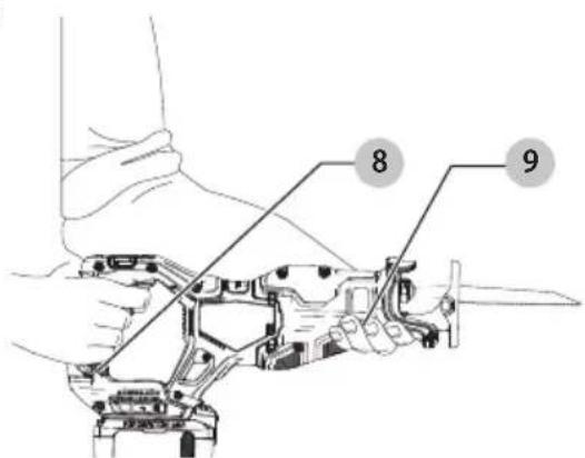 Technical diagram showing hands operating a mechanical device with numbered parts labeled 8 and 9
