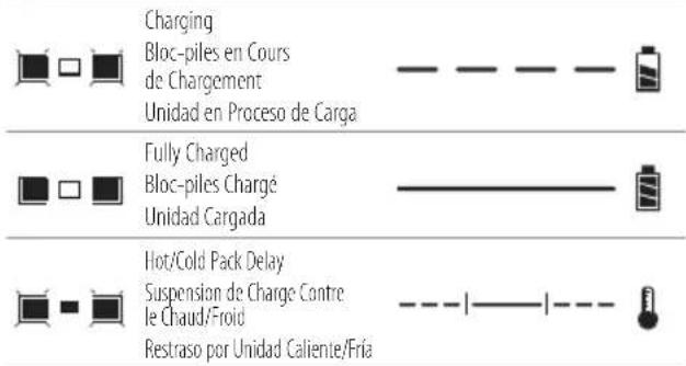 Charging Bloc-piles en Cours de Chargement Unidad en Proceso de Carga Fully Charged Bloc-piles Chargé Unidad Cargada Hot/Cold Pack Delay Suspension de Charge Contre le Chaud/Froid Restraso por Unidad Caliente/Fria