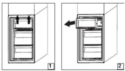 Diagram showing two views of a refrigerator with labeled parts and directional arrows indicating movement or change.