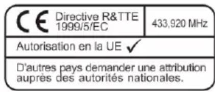 C€ Directive R&TTE 1999/5/EC 433,920 MHz Autorisation en la UE ✓ D'autres pays demander une attribution auprès des autorités nationales.