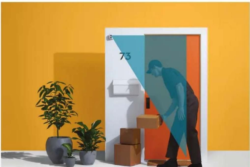Illustration of a delivery person carrying boxes outside a door, with potted plants and a yellow wall background (no text or symbols)