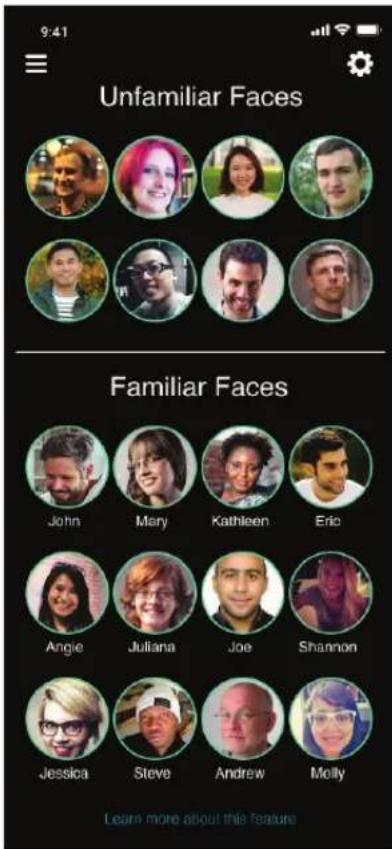 9:41 Unfamiliar Faces Familiar Faces John Mary Kathleen Eric Angie Juliana Joe Shannon Jessica Steve Andrew Molly Learn more about this feature