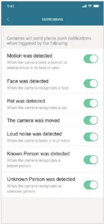 9:41 Notifications Cameras will send phone push notifications when triggered by the following Motion was detected When the camera sees a human or animal move in its field of view Face was detected When the camera recognizes a face Pet was detected When the camera recognizes a pet The camera was move…