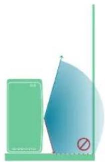 Illustration of a green smartphone and a blue abstract shape with a red prohibition symbol (no text or symbols present)