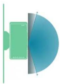 Diagram showing a green rectangular object on the left and a blue semicircular object on the right, with no visible text or symbols.