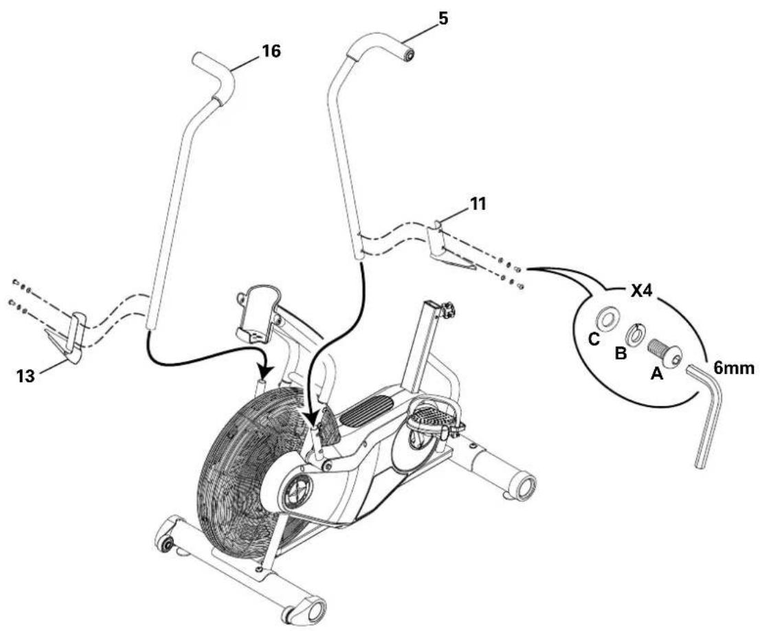 Schwinn AD6 - 將腳踏柱和握把桿支臂安裝至機架組件上 - 1