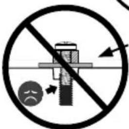 Prohibition sign with crossed-out screw and sad face icon, indicating no protection or hazard