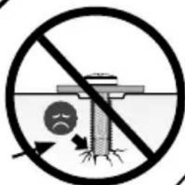 Prohibition sign with circular and diagonal lines, featuring a sad face icon and a hammer and screw base symbol.
