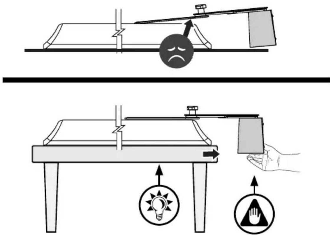 Diagram illustrating a balance scale measuring an object with a sad face and a hand holding a device, accompanied by warning symbols for lighting and safety.