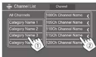 JVC KWM780BT - Choisissez une catégorie (①), puis un canal (②). - 1