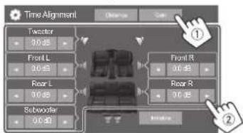 JVC KWM780BT - Touchez [gain] (①), puis ajustez le niveau sonore de chaque enceinte (②). - 1