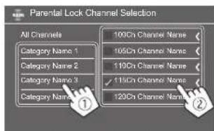 JVC KWM780BT - Choisissez une catégorie (①), puis un canal (②). - 1
