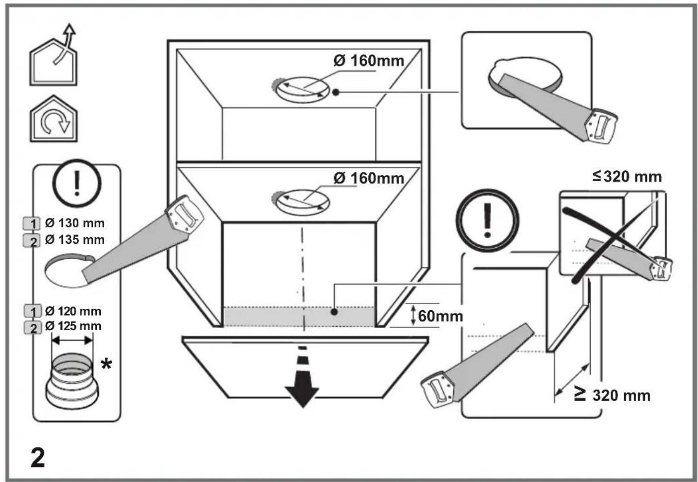 Ø 160mm Ø 160mm 1 Ø 130 mm 2 Ø 135 mm 1 Ø 120 mm 2 Ø 125 mm * 60mm ≤320 mm ≥ 320 mm 2