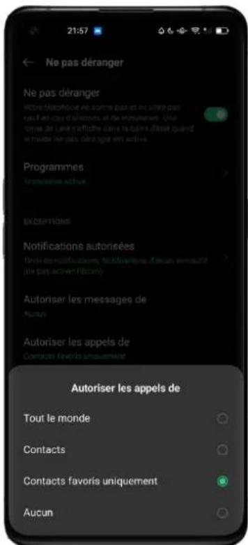 21:57 ← Ne pas déranger Ne pas déranger Word délogique ne autre pas et ne utère pas réduit en cas d'actions et de intérations. Une target de lauf s'affirée dans la broken context quand et niveer n'est pas détranger est active. Programmes Intronismes active EXCEPTORES Notifications autorisées Tcode des notifications, Notivations, il deau unouffre (ne pas active élocue) Autoriser les messages de Ricun Autoriser les appels de Contacts favoris uniquement Autoriser les appels de Tout le monde Contacts Contacts favoris uniquement Aucun