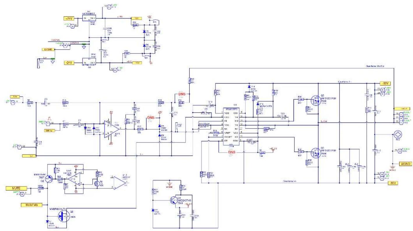 Electrical schematic diagram with labeled components including transistors, diodes, capacitors, and integrated circuits.