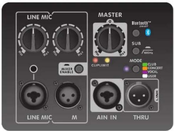 LINE MIC MIXER ENABLE MIXER M MASTER 0 Bluetooth™ SMART SUB 100Hz CLIPLIMIT MODE CLUB CONCERT VOCAL USER LINKS LINE MIC M AIN IN THRU