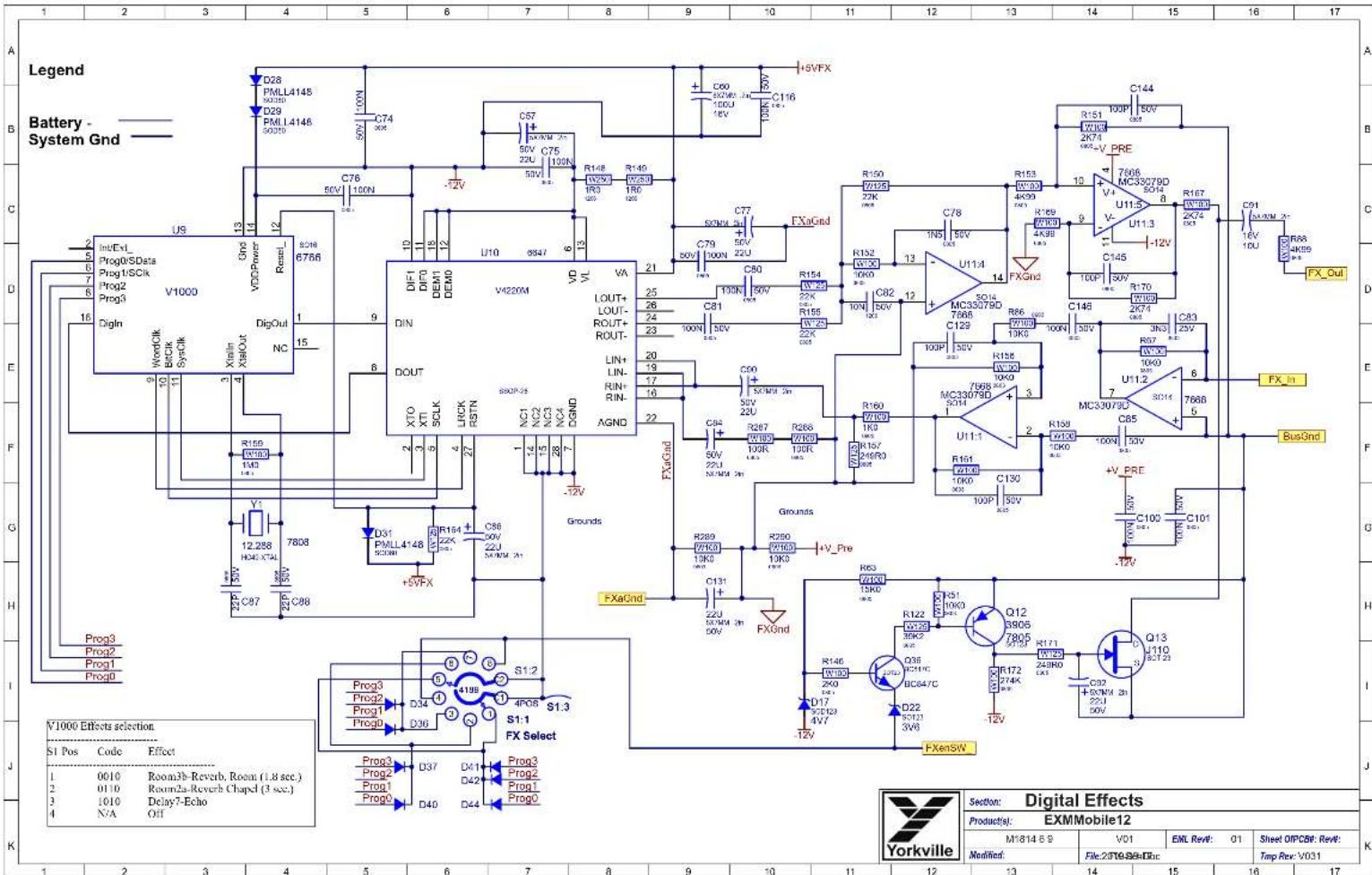 Circuit schematic diagram of a 1000-pin V1000 system with labeled components, ICs, and control signals.