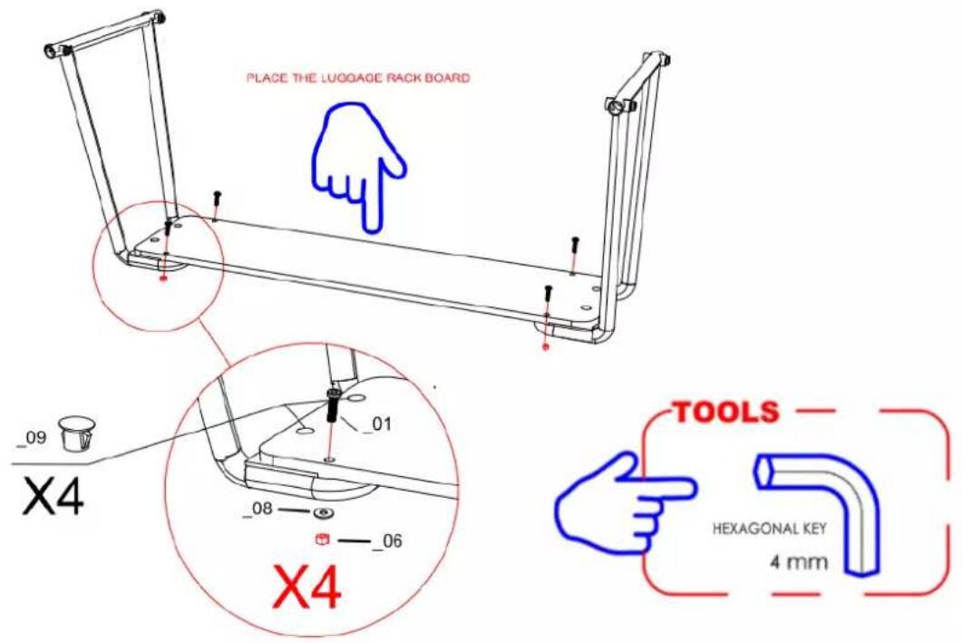 PLACE THE LUGGAOE RACK BOARD X4 _09 _01 _08 _06 X4 TOOLS HEXAGONAL KEY 4 mm