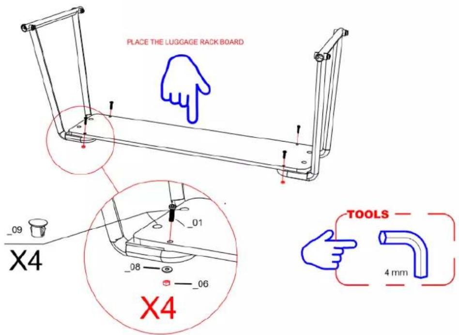 PLACE THE LUGGAGE RACK BOARD X4 _09 _01 _08 _06 X4 TOOLS — 4 mm