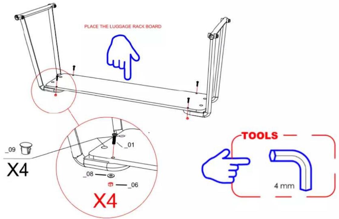 PLACE THE LUGGAGE RACK BOARD X4 _09 _01 _08 _06 X4 TOOLS 4 mm