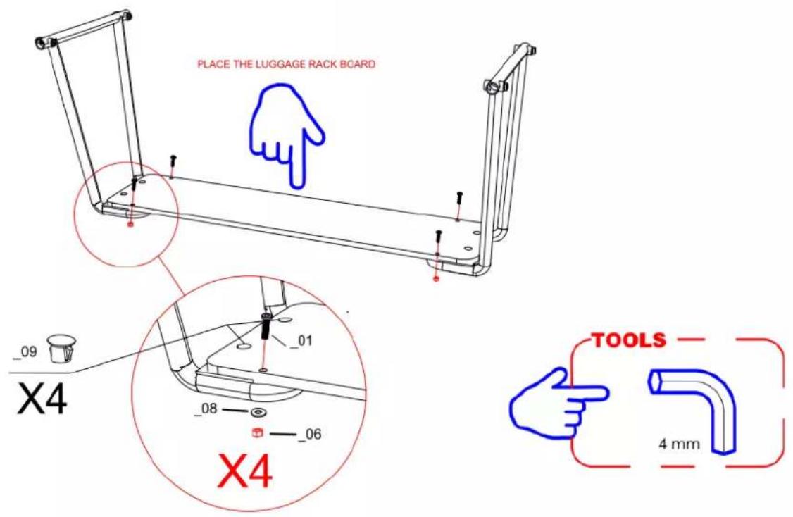 PLACE THE LUGGAGE RACK BOARD X4 _09 _01 _08 _06 X4 TOOLS 4 mm