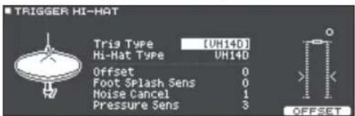 TRIGGER HI-HAT Tris Type [UH140] Hi-Hat Type UH140 Offset 0 Foot Splash Sens 0 Noise Cancel 1 Pressure Sens 3 OFFSET